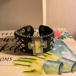 Black leather studded cross bracelet
